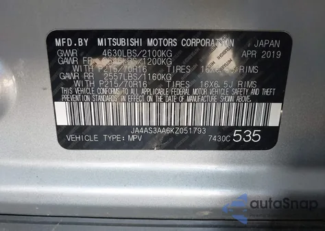 2019 Mitsubishi Eclipse Cross Es z USA, uszkodzony, nr VIN JA4AS3AA6KZ051793